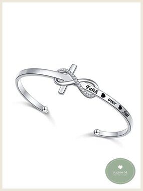 925 Sterling Silver Faith Over Fear Cuff Bracelet Engraved Heart Infinity Cross